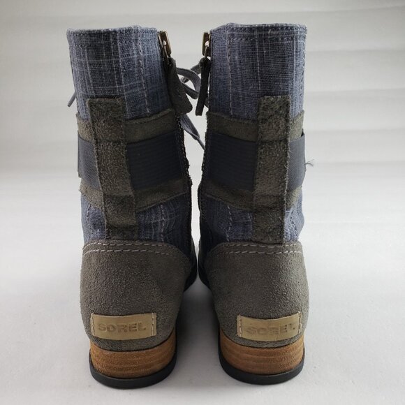 Sorel Major Carly Suede Boot Womens 8 Gray Blue Denim Ankle Side Zip Moto Combat - Picture 9 of 11